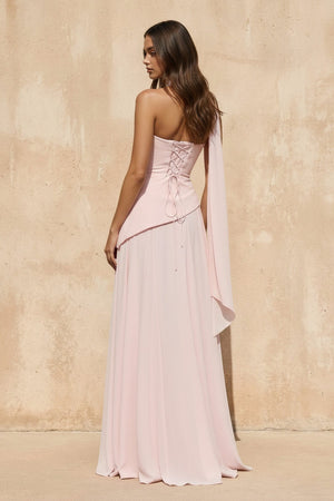 Strapless Pleated Maxi Dress with Scarf in Pink - SHE IS ME PROM DRESSES