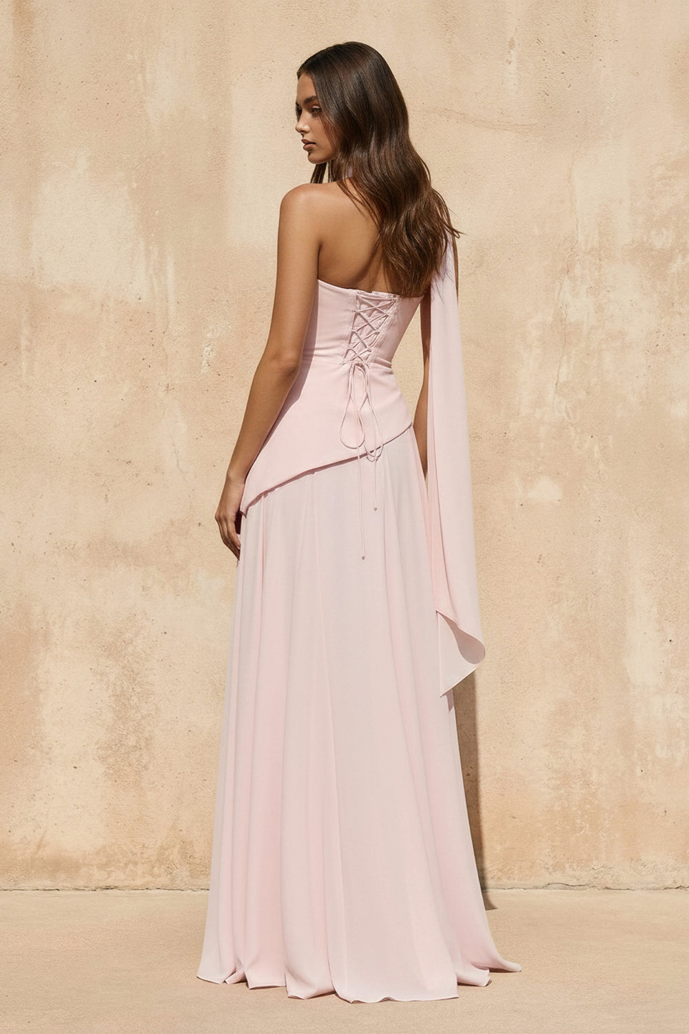 Sheisme-Pink Strapless Chiffon A-Line Maxi Evening Formal Dress