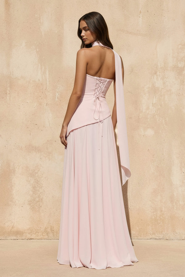 Sheisme-Pink Strapless Chiffon A-Line Maxi Evening Formal Dress