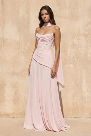 Sheisme-Pink Strapless Chiffon A-Line Maxi Evening Formal Dress