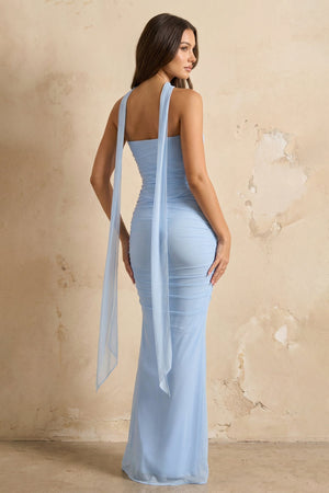 Strapless Pleated Maxi Dress With Scarf in Sky Blue - SHE IS ME