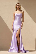 Strapless Pleated Maxi Dress With Slit in Lavender - SHE IS ME