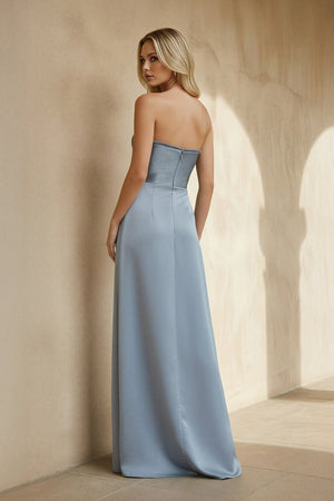 Strapless Pleated Maxi Dress With Slit in Steel Blue - SHE IS ME PROM DRESSES