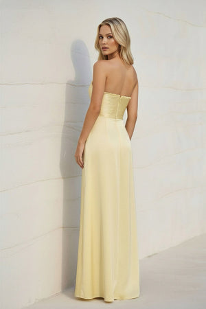 Strapless Pleated Maxi Dress With Slit in Yellow - SHE IS ME PROM DRESSES