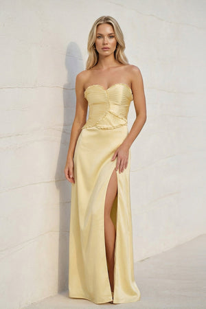 Strapless Pleated Maxi Dress With Slit in Yellow - SHE IS ME PROM DRESSES