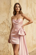 Strapless Pleated Mini Dress With Bow in Pink - SHE IS ME
