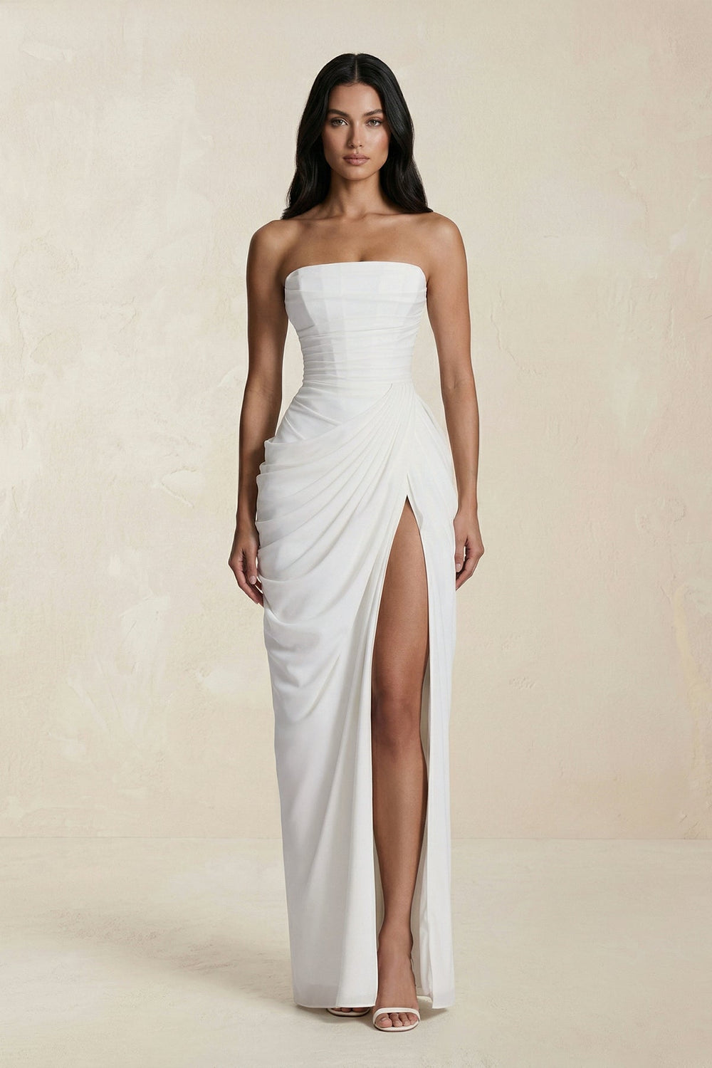 Strapless Pleated Sheath Long Prom Dress With Slit in Ivory - SHE IS ME Prom Dresses