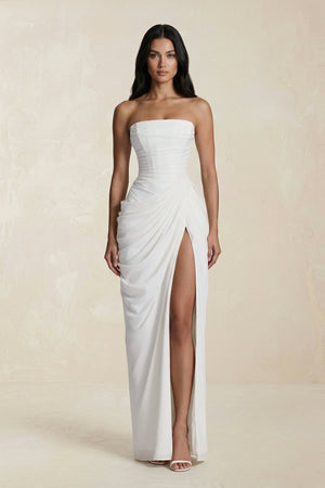 Strapless Pleated Sheath Long Prom Dress With Slit in Ivory - SHE IS ME Prom Dresses