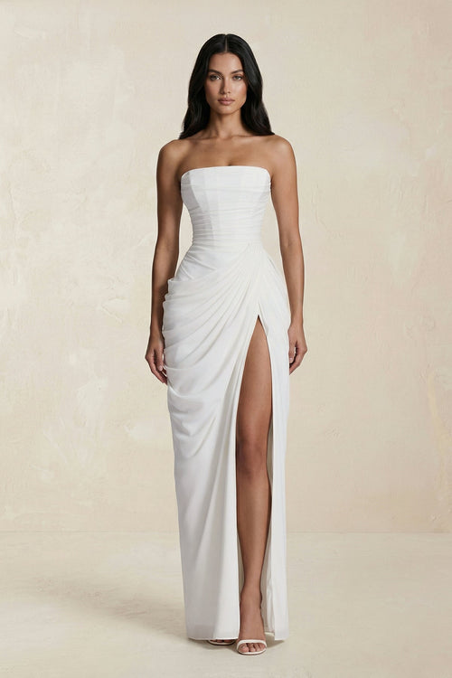 Strapless Pleated Sheath Long Prom Dress With Slit in Ivory - SHE IS ME Prom Dresses