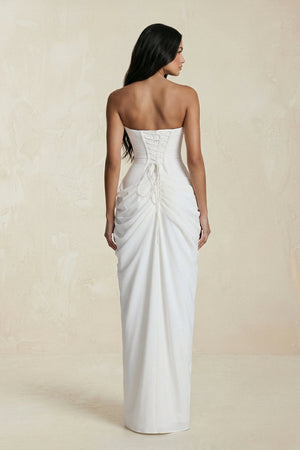 Strapless Pleated Sheath Long Prom Dress With Slit in Ivory - SHE IS ME Prom Dresses