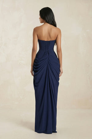 Strapless Pleated Sheath Long Prom Dress With Slit in Navy - SHE IS ME Prom Dresses