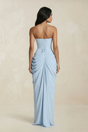 Strapless Pleated Sheath Long Prom Dress With Slit in Sky Blue - SHE IS ME Prom Dresses