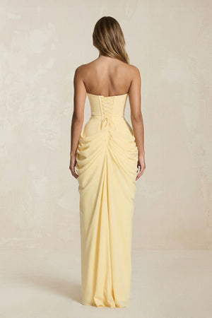 Strapless Pleated Sheath Long Prom Dress With Slit in Yellow - SHE IS ME Prom Dresses