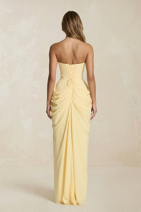 Strapless Pleated Sheath Long Prom Dress With Slit in Yellow - SHE IS ME Prom Dresses