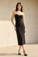 Strapless Pleated Sheath Midi Dress in Black - SHE IS ME