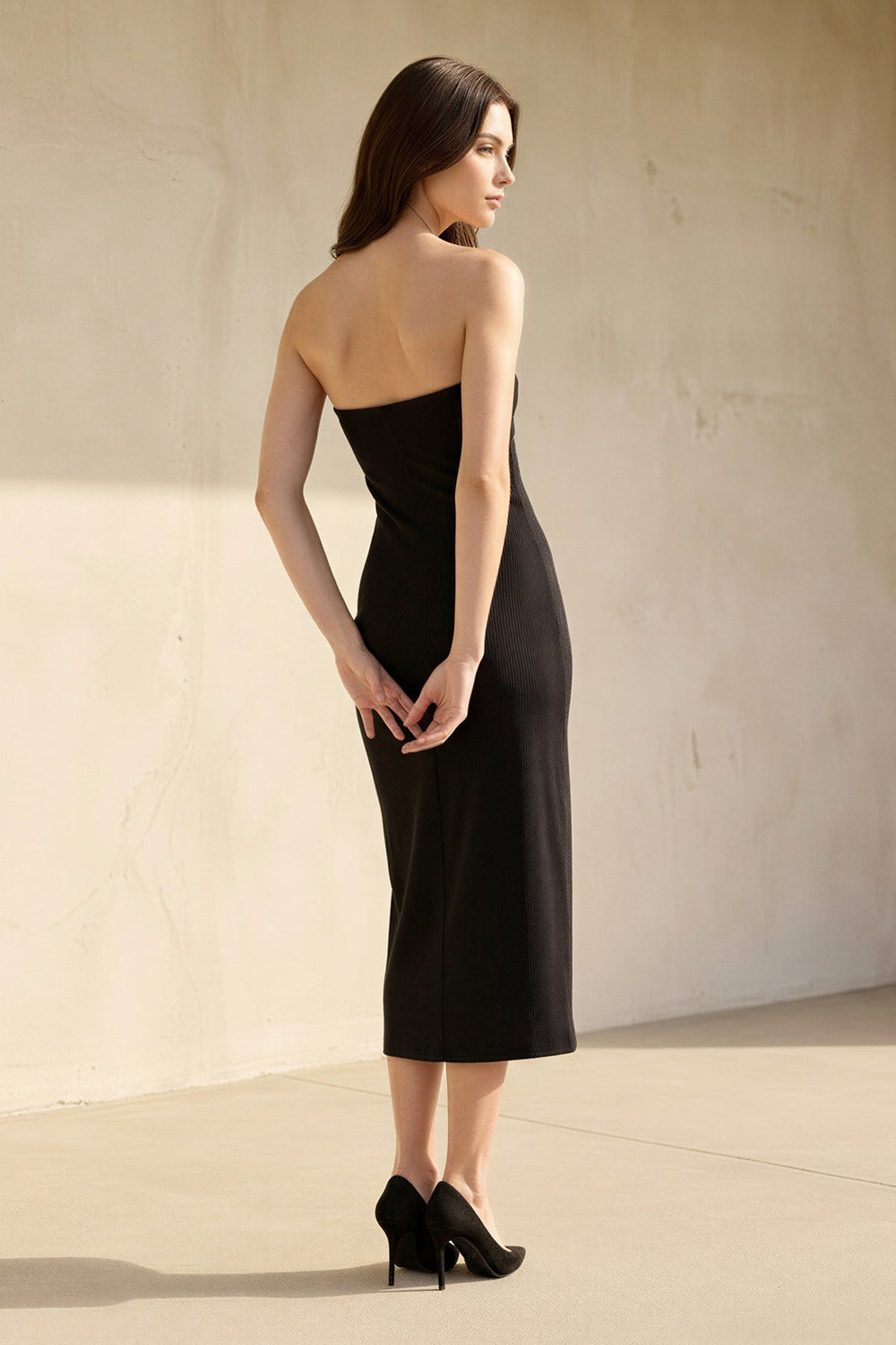Strapless Pleated Sheath Midi Dress in Black - SHE IS ME