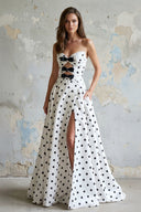 Strapless Polka Dot Bow Prom Gown in White - SHE IS ME PROM DRESSES