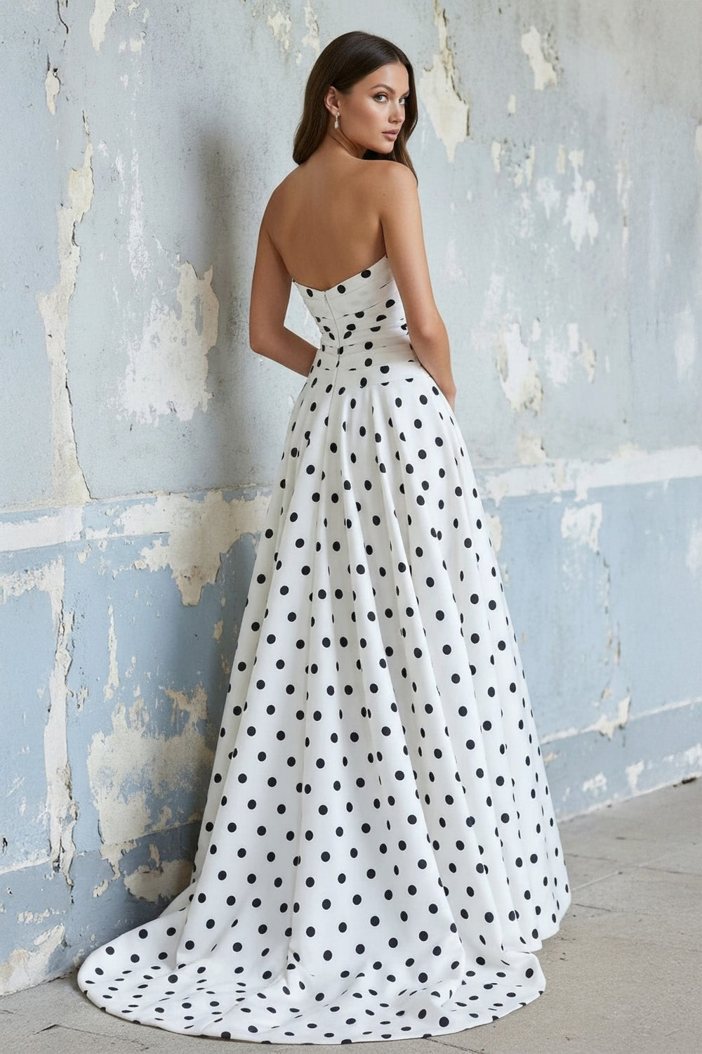 Strapless Polka Dot Bow Prom Gown in White - SHE IS ME PROM DRESSES