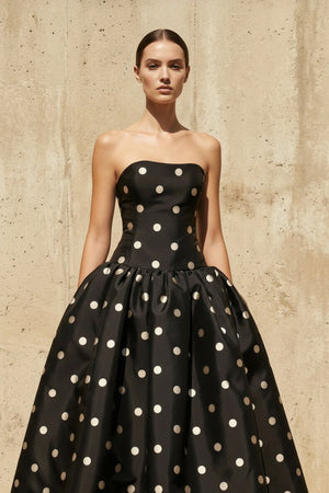 Strapless Polka Dot Maxi Dress in Black - SHE IS ME PROM DRESSES