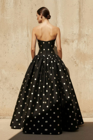 Strapless Polka Dot Maxi Dress in Black - SHE IS ME PROM DRESSES