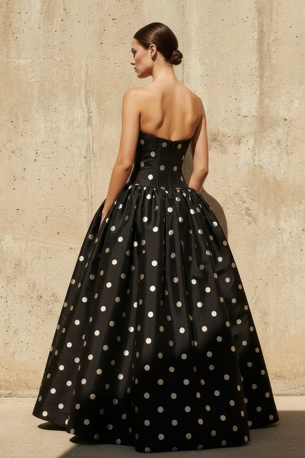 Strapless Polka Dot Maxi Dress in Black - SHE IS ME PROM DRESSES