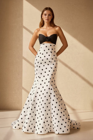Sheisme-Black & White Satin Strapless Mermaid Maxi Evening Formal Dress