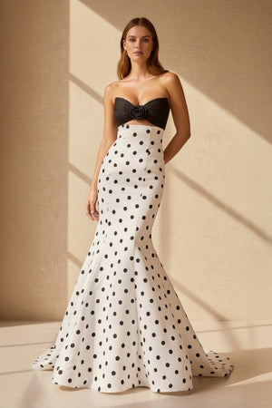 Sheisme-Black & White Satin Strapless Mermaid Maxi Evening Formal Dress