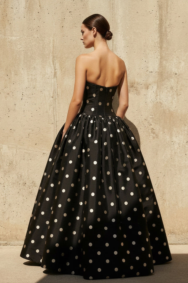 Sheisme-Black Strapless Taffeta A-Line Maxi Polka Dot Evening Formal Dress