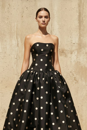 Sheisme-Black Strapless Taffeta A-Line Maxi Polka Dot Evening Formal Dress