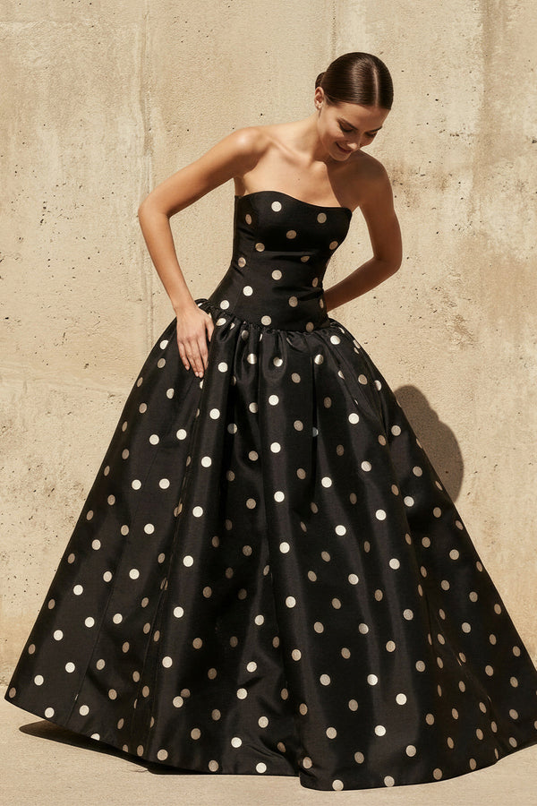 Sheisme-Black Strapless Taffeta A-Line Maxi Polka Dot Evening Formal Dress