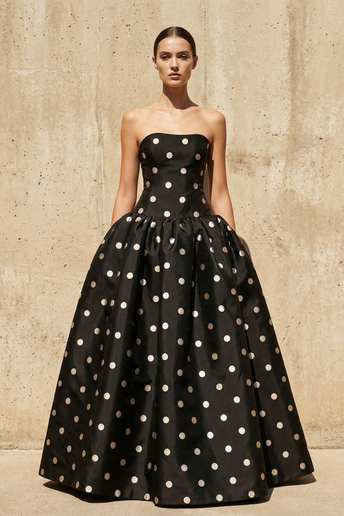 Sheisme-Black Strapless Taffeta A-Line Maxi Polka Dot Evening Formal Dress