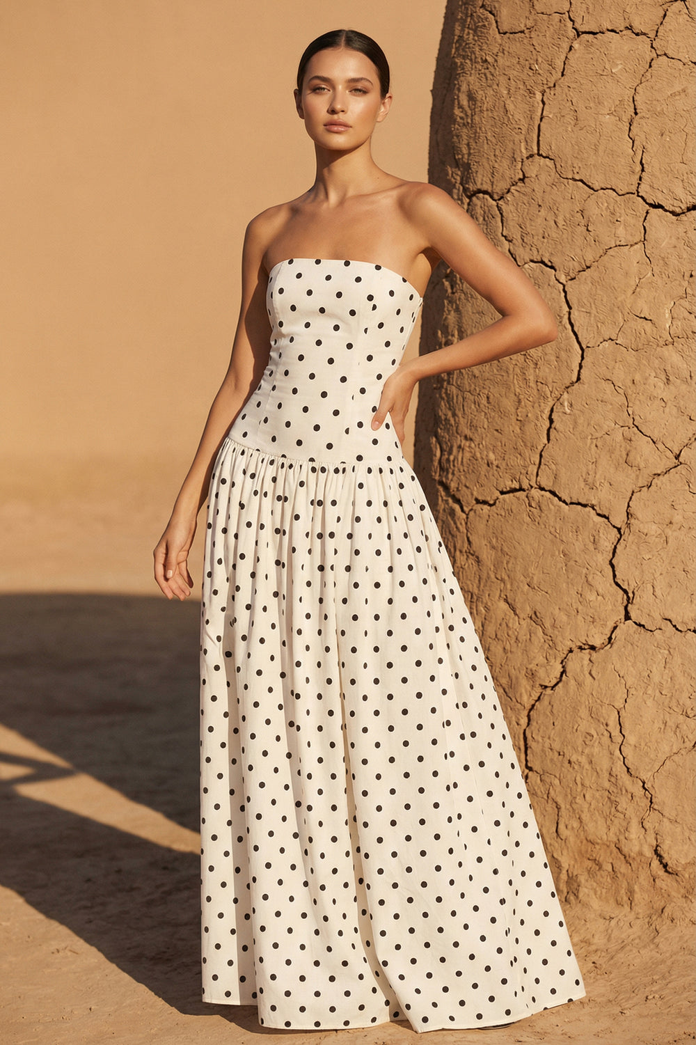 Sheisme-White Taffeta Strapless A-Line Maxi Evening Formal Dress with Polka Dots
