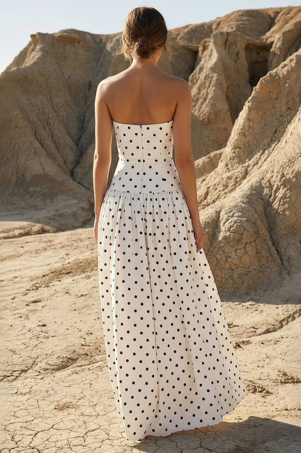 Sheisme-White Taffeta Strapless A-Line Maxi Evening Formal Dress with Polka Dots