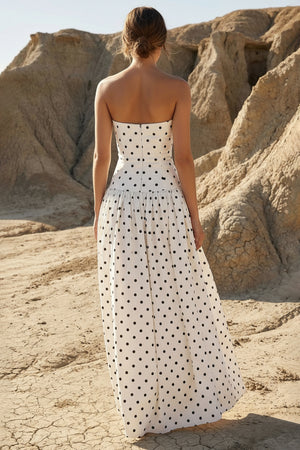 Sheisme-White Taffeta Strapless A-Line Maxi Evening Formal Dress with Polka Dots