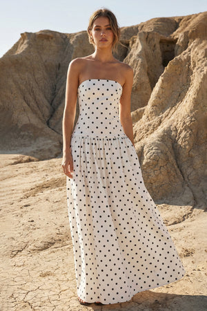 Sheisme-White Taffeta Strapless A-Line Maxi Evening Formal Dress with Polka Dots