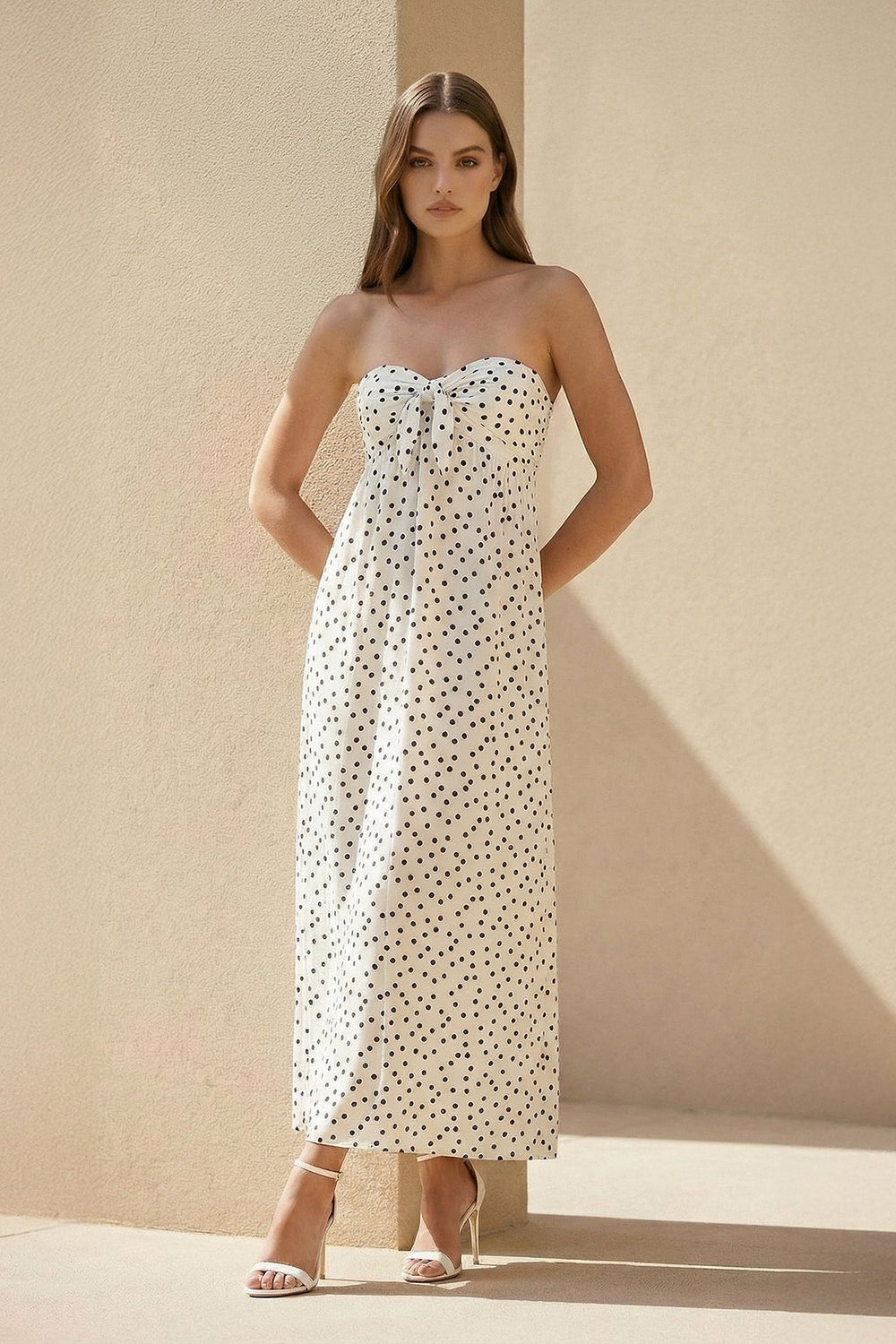 Strapless Polka Dot Maxi Dress With Bow in White - SHE IS ME PROM DRESSES