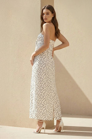 Strapless Polka Dot Maxi Dress With Bow in White - SHE IS ME PROM DRESSES