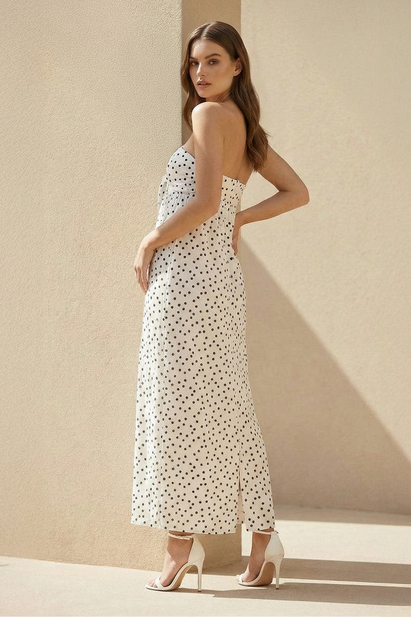 Strapless Polka Dot Maxi Dress With Bow in White - SHE IS ME PROM DRESSES