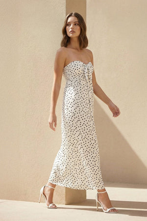 Strapless Polka Dot Maxi Dress With Bow in White - SHE IS ME