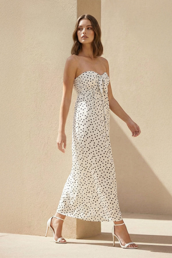 Strapless Polka Dot Maxi Dress With Bow in White - SHE IS ME