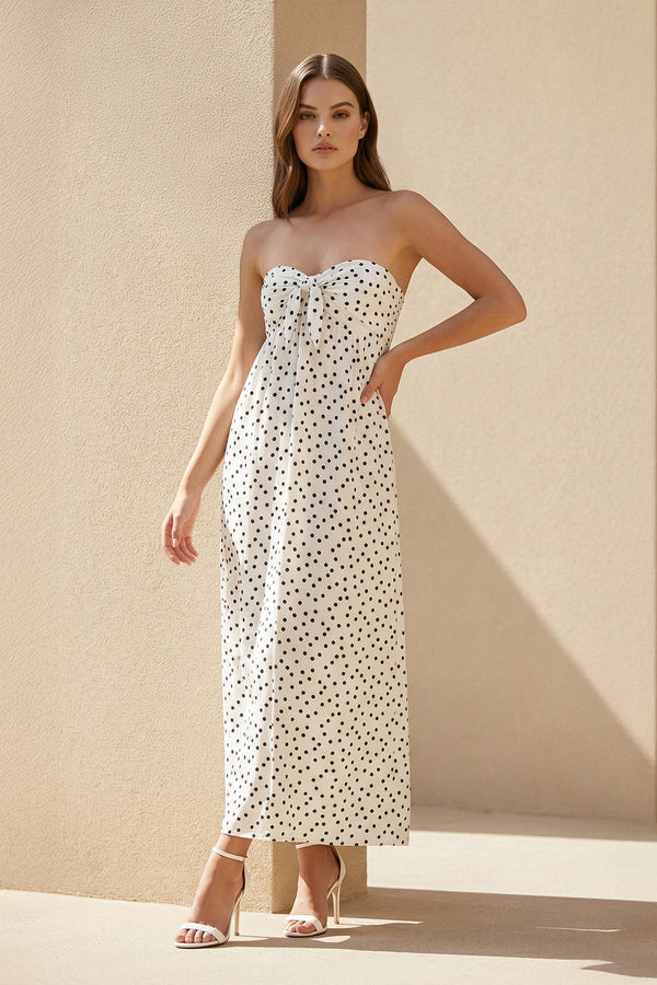 Strapless Polka Dot Maxi Dress With Bow in White - SHE IS ME PROM DRESSES