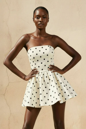 Strapless Polka Dot Mini Dress With Bow in Ivory - SHE IS ME
