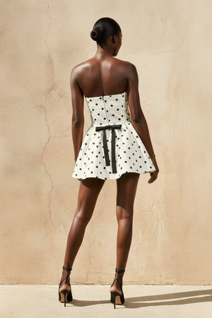Strapless Polka Dot Mini Dress With Bow in Ivory - SHE IS ME