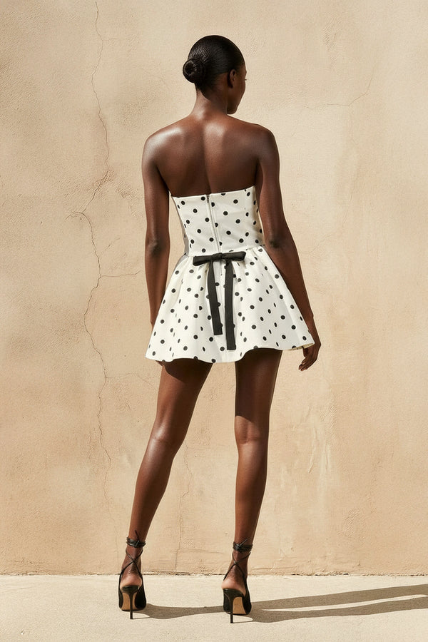 Strapless Polka Dot Mini Dress With Bow in Ivory - SHE IS ME