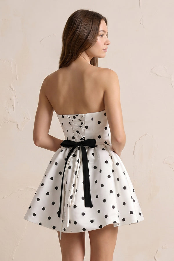 Strapless Polka Dot Mini Dress With Bow in Ivory
