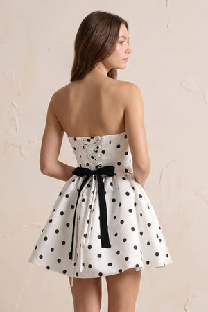 Strapless Polka Dot Mini Dress With Bow in Ivory