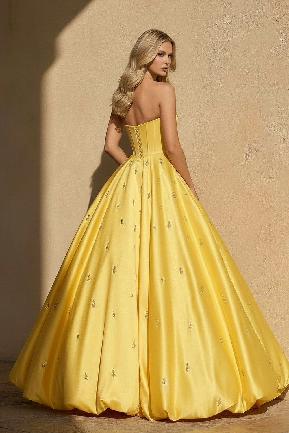 Strapless Prom Gown With Beading in Yellow - SHE IS ME PROM DRESSES