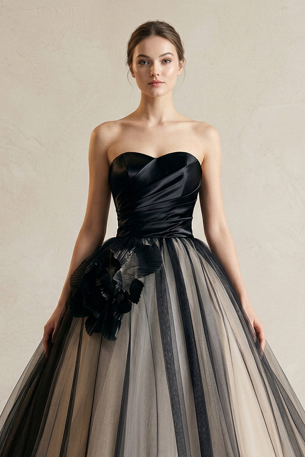 Strapless Ruched A - Line Tulle Wedding Dress With 3D Flower in Black - SHE IS ME Wedding Dresses