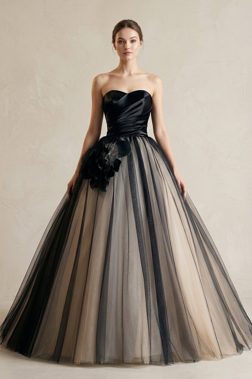 Strapless Ruched A - Line Tulle Wedding Dress With 3D Flower in Black - SHE IS ME Wedding Dresses