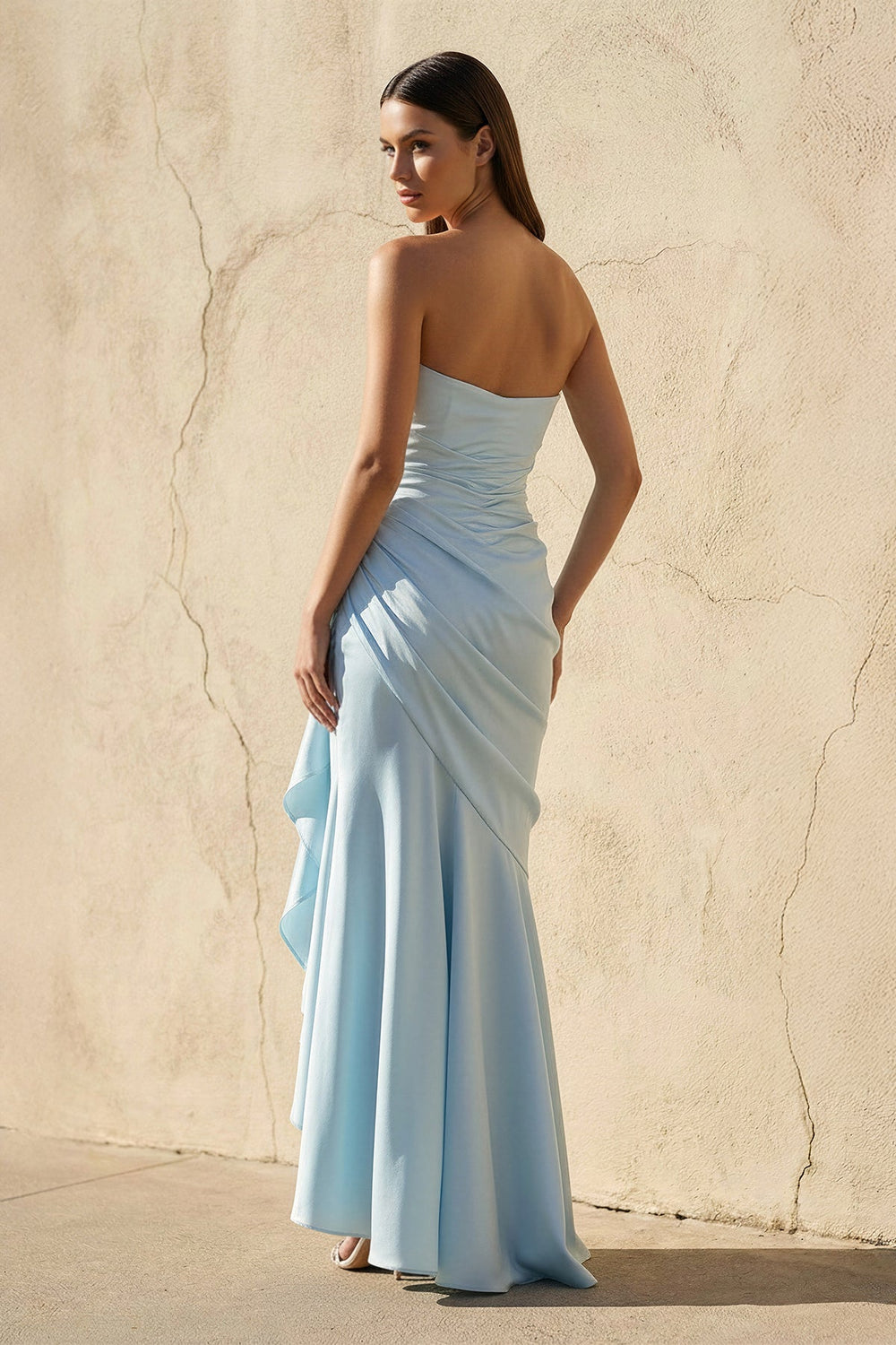 Strapless Ruched Asymmetric Gown in Sky Blue - SHE IS ME PROM DRESSES